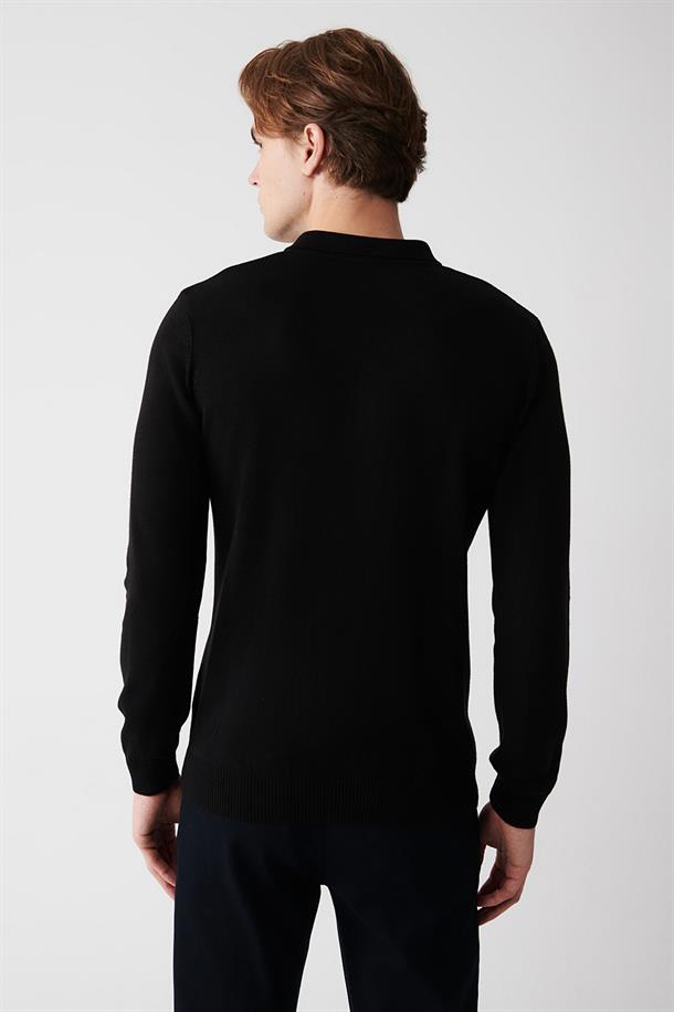 Siyah Polo Yaka Basic Unisex Triko Kazak