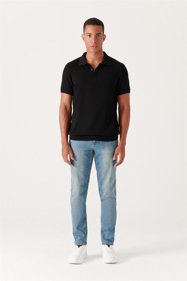 Siyah Polo Yaka Dokulu Basic Triko T-shirt