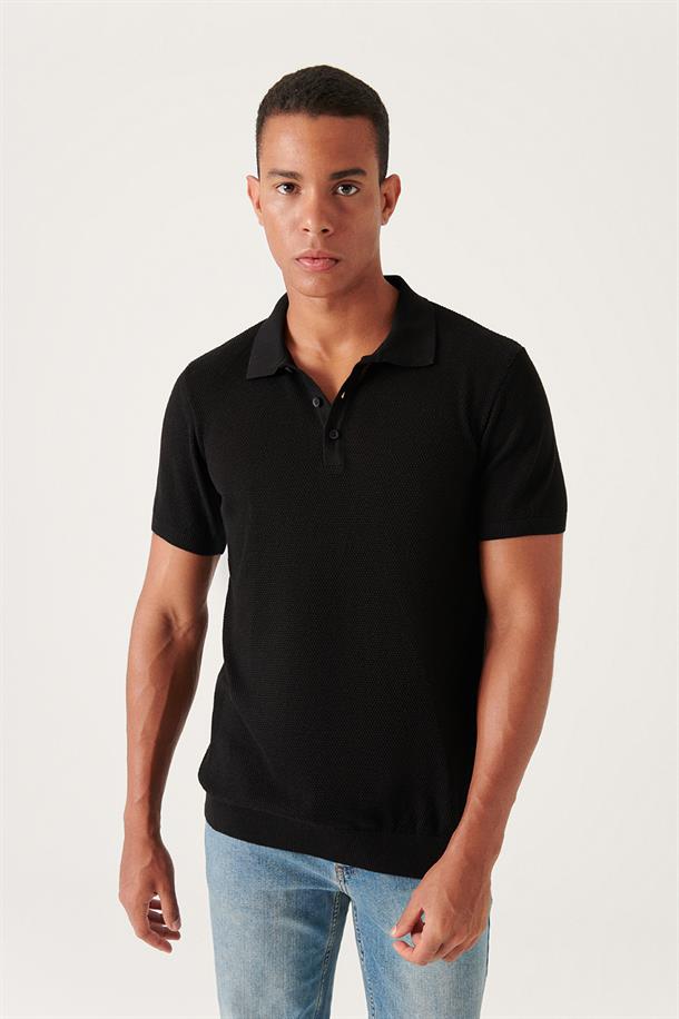 Siyah Polo Yaka Dokulu Basic Triko T-shirt