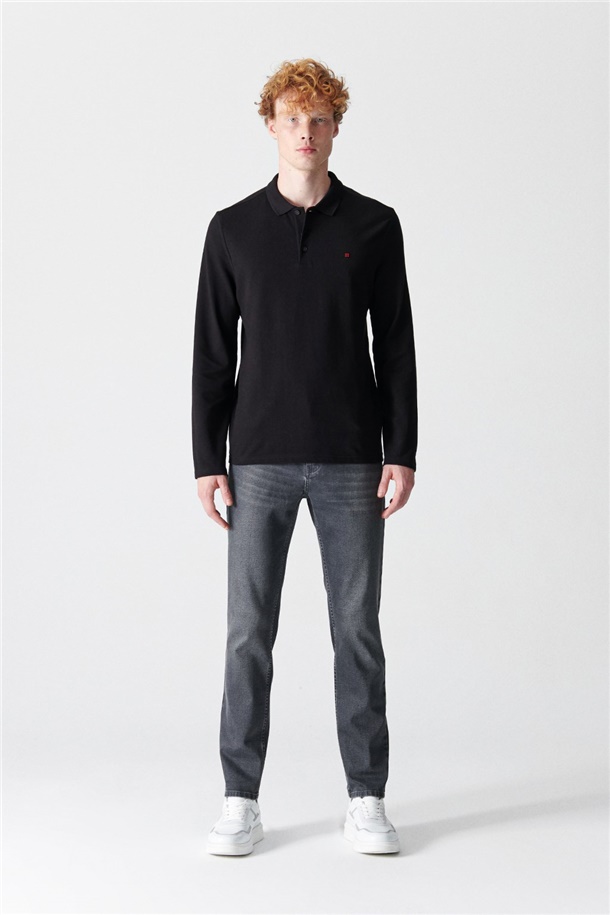 Siyah Polo Yaka Düz Sweatshirt
