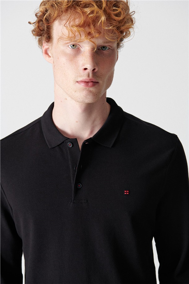 Siyah Polo Yaka Düz Sweatshirt