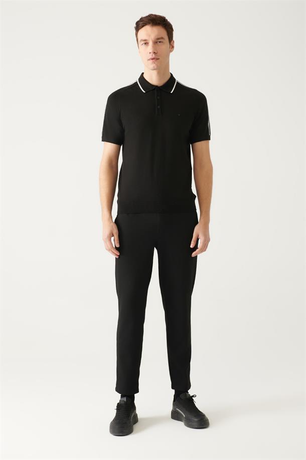 Siyah Polo Yaka Omuzu Çizgi Detaylı Triko T-shirt