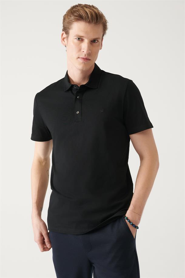 Siyah Polo Yaka Örme T-Shirt