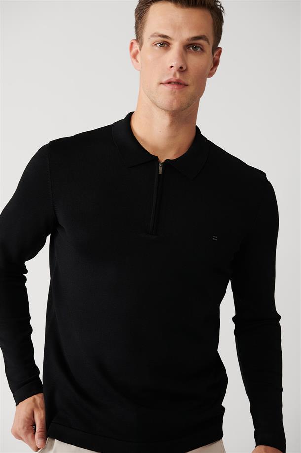 Siyah Polo Yaka Rayon Kazak