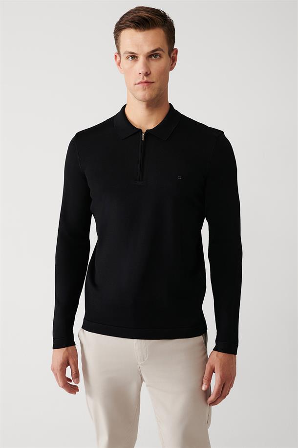 Siyah Polo Yaka Rayon Kazak