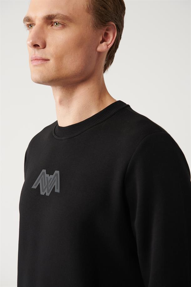 Siyah Şardonlu Kumaş Bisiklet Yaka Flok Baskılı Sweatshirt