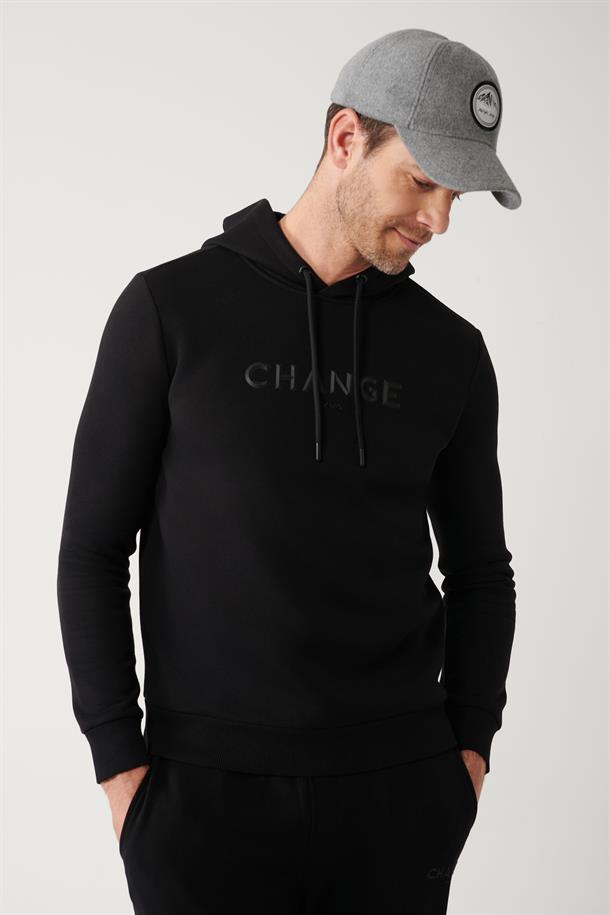 Siyah Şardonlu Kumaş Kapüşonlu Yaka Piramit Baskılı Sweatshirt