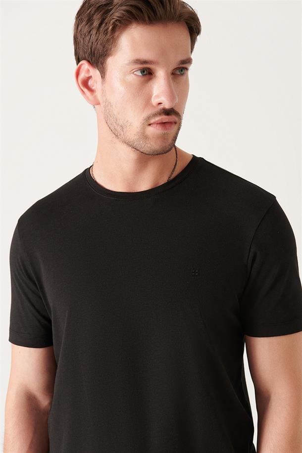 Siyah Ultrasoft Bisiklet Yaka Düz Regular Fit Modal T-Shirt