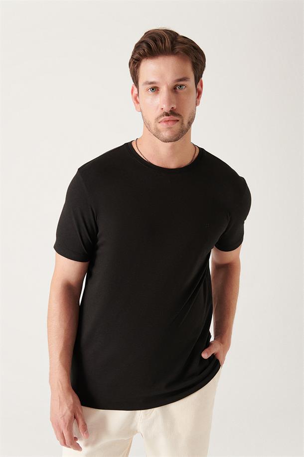 Siyah Ultrasoft Bisiklet Yaka Düz Regular Fit Modal T-Shirt