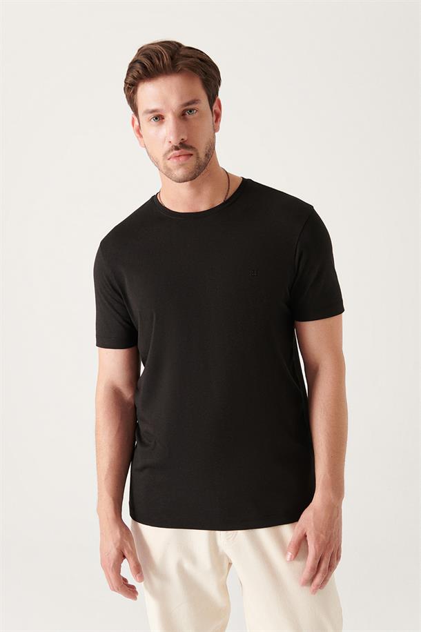 Siyah Ultrasoft Bisiklet Yaka Düz Regular Fit Modal T-Shirt