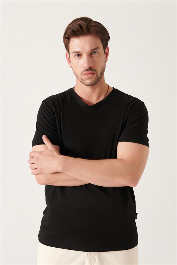 Siyah Ultrasoft V Yaka Düz Regular Fit Modal T-Shirt
