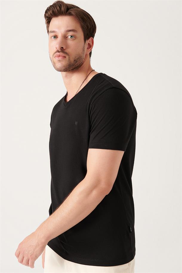Siyah Ultrasoft V Yaka Düz Regular Fit Modal T-Shirt