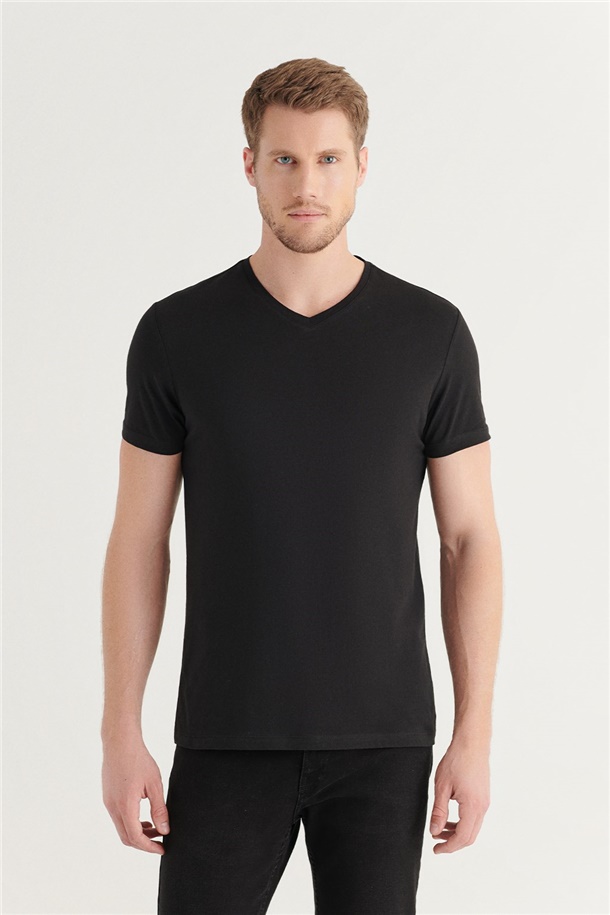 Siyah V Yaka Düz T-Shirt