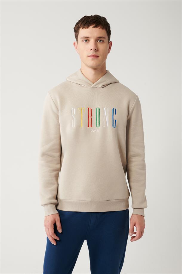 Taş Şardonlu Kumaş Kapüşonlu Yaka Nakışlı Sweatshirt
