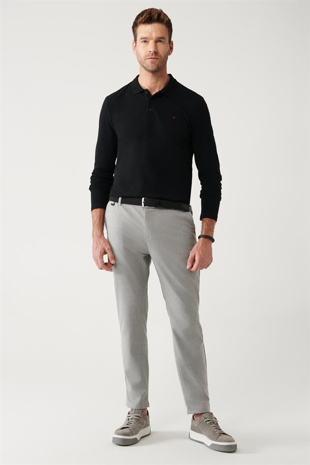 Açık Gri Beli Lastikli Diyagonal Desenli Relaxed Fit Pantolon