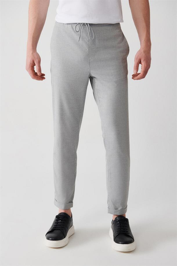 Açık Gri Yandan Cepli Beli Lastikli Bağcıklı Duble Paça Relaxed Fit Jogger Pantolon