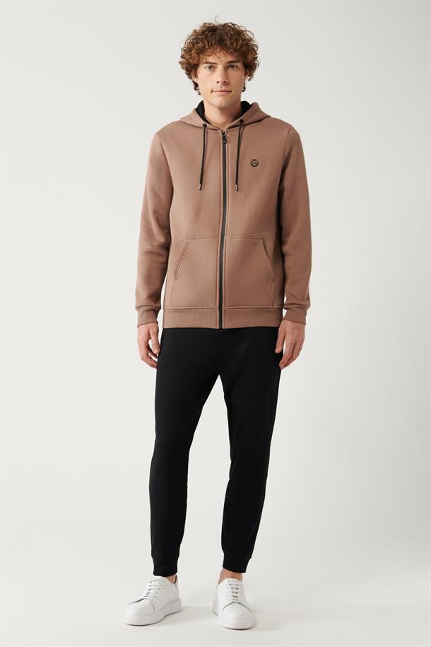 Açık Kahverengi Kapüşonlu Yaka İçi Polarlı 3 İplik Fermuarlı Regular Fit Standart Kesim Unisex Sweatshirt