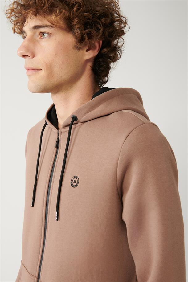 Açık Kahverengi Kapüşonlu Yaka İçi Polarlı 3 İplik Fermuarlı Regular Fit Standart Kesim Unisex Sweatshirt