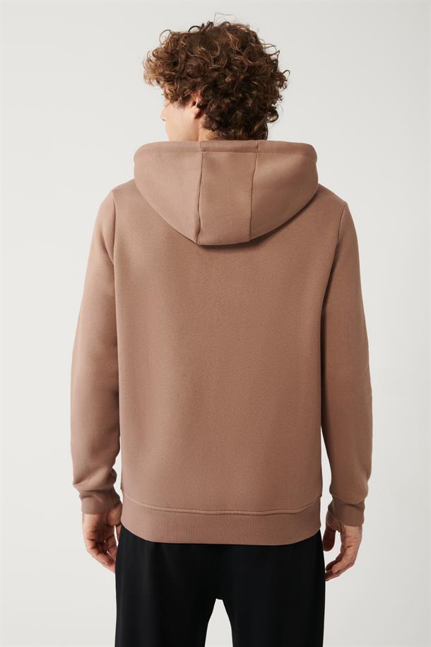 Açık Kahverengi Kapüşonlu Yaka İçi Polarlı 3 İplik Fermuarlı Regular Fit Standart Kesim Unisex Sweatshirt