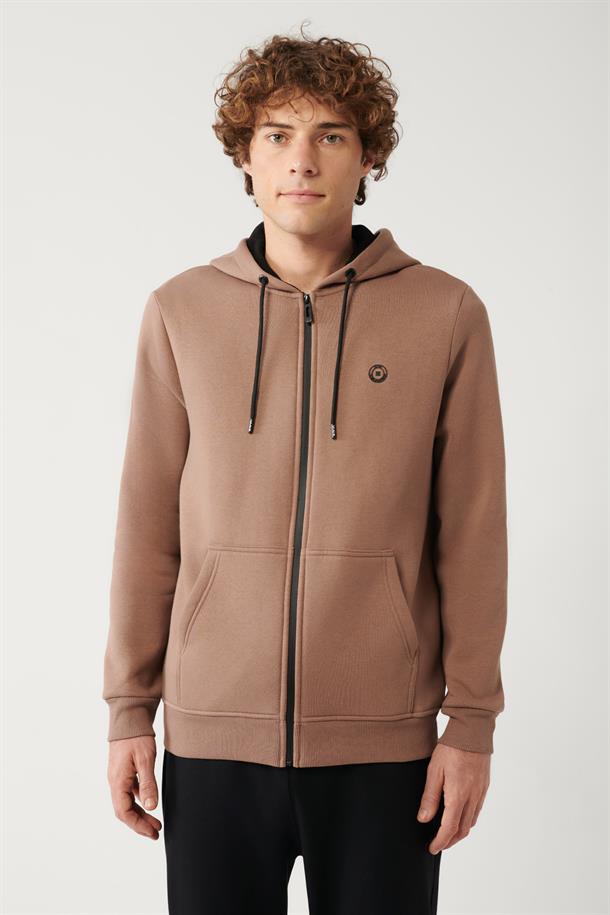Açık Kahverengi Kapüşonlu Yaka İçi Polarlı 3 İplik Fermuarlı Regular Fit Standart Kesim Unisex Sweatshirt