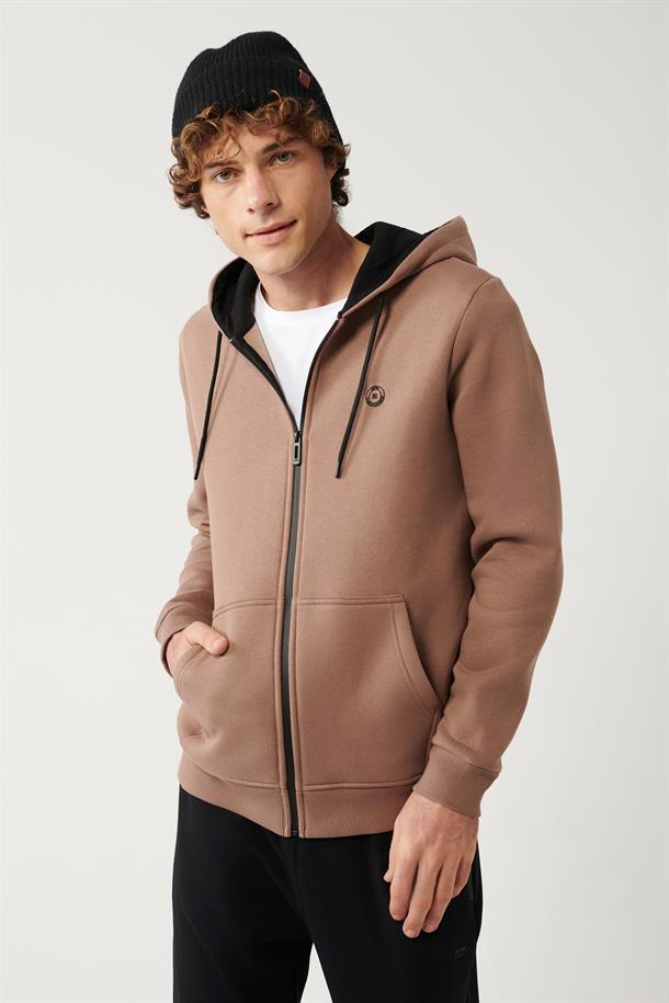 Açık Kahverengi Kapüşonlu Yaka İçi Polarlı 3 İplik Fermuarlı Regular Fit Standart Kesim Unisex Sweatshirt