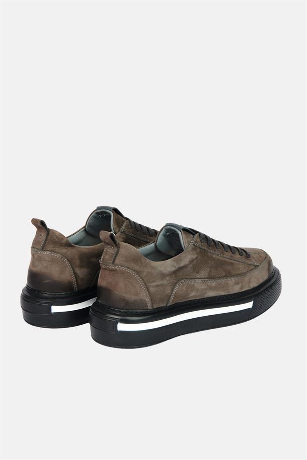 Antrasit %100 Deri Bağcıklı Esnek Taban Sneaker Ayakkabı