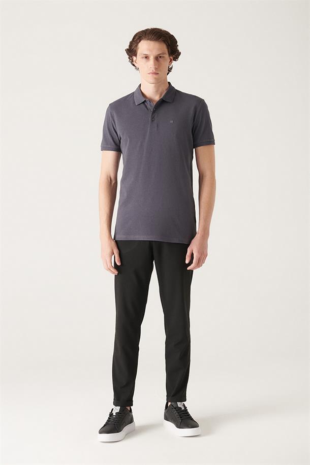 Antrasit %100 Pamuk Regular Fit 3 Düğmeli Polo Yaka T-Shirt