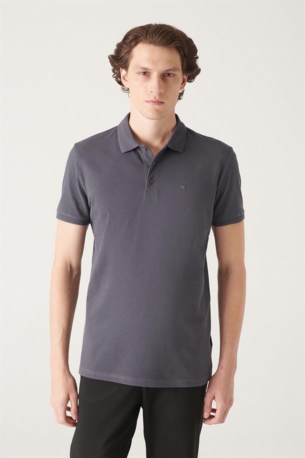 Antrasit %100 Pamuk Regular Fit 3 Düğmeli Polo Yaka T-Shirt