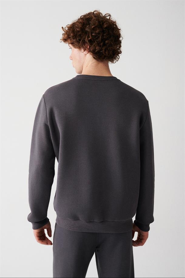 Antrasit Bisiklet Yaka İçi Polarlı 3 İplik Pamuklu Unisex Sweatshirt