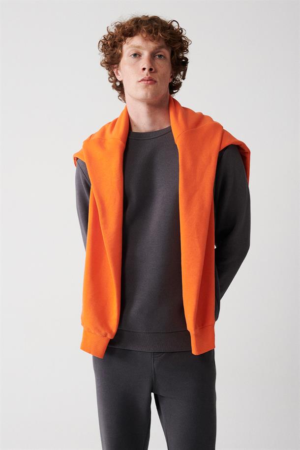 Antrasit Bisiklet Yaka İçi Polarlı 3 İplik Pamuklu Unisex Sweatshirt