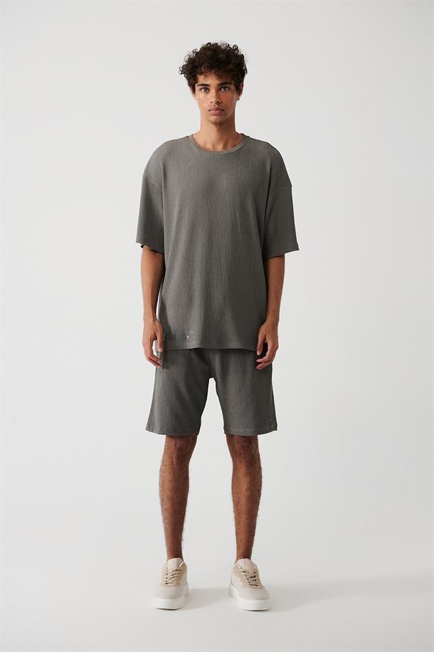 Antrasit Bisiklet Yaka Jakarlı Regular Fit T-Shirt