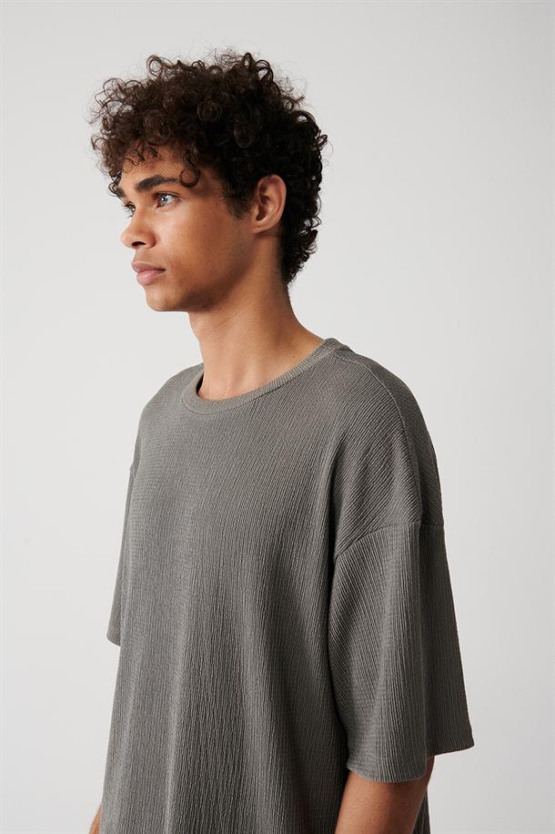 Antrasit Bisiklet Yaka Jakarlı Regular Fit T-Shirt