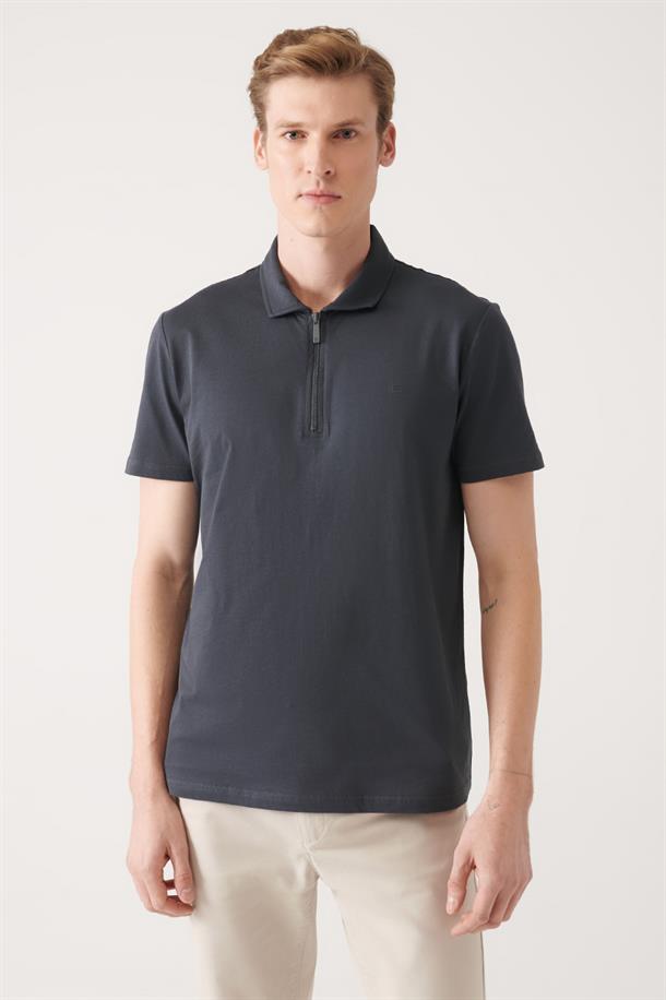 Antrasit Fermuarlı Polo Yaka T-Shirt