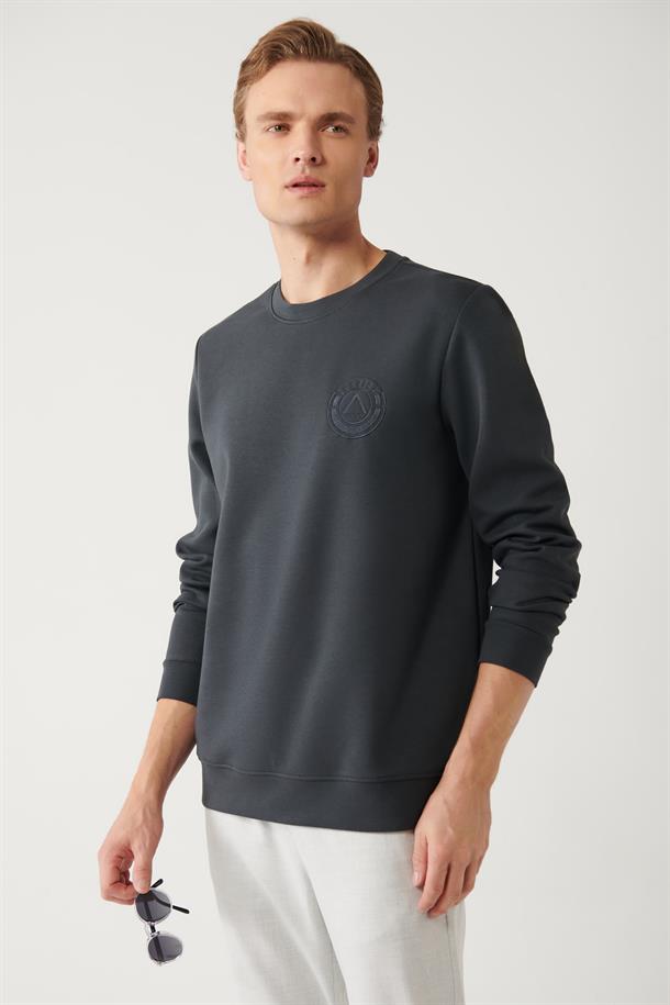 Antrasit İnterlok Kumaş Bisiklet Yaka Göğüsü Nakışlı Sweatshirt