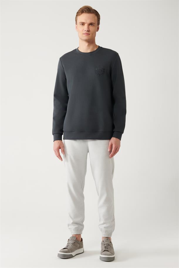 Antrasit İnterlok Kumaş Bisiklet Yaka Göğüsü Nakışlı Sweatshirt