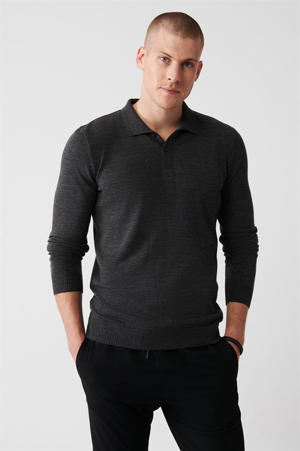 Antrasit Polo Yaka Basic Regular Fit Standart Kesim Unisex Triko Kazak