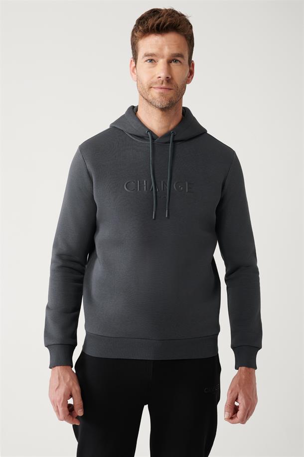 Antrasit Şardonlu Kumaş Kapüşonlu Yaka Piramit Baskılı Sweatshirt
