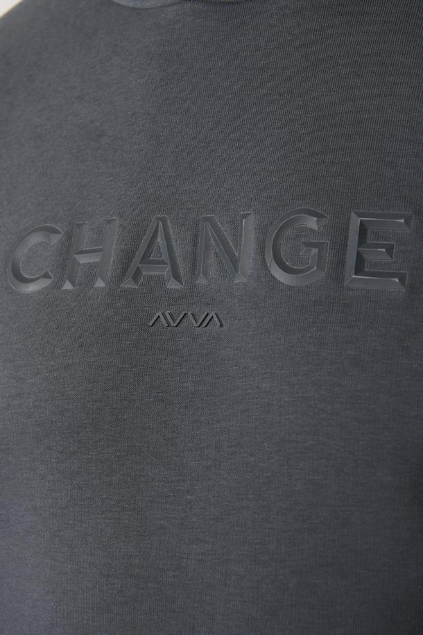 Antrasit Şardonlu Kumaş Kapüşonlu Yaka Piramit Baskılı Sweatshirt