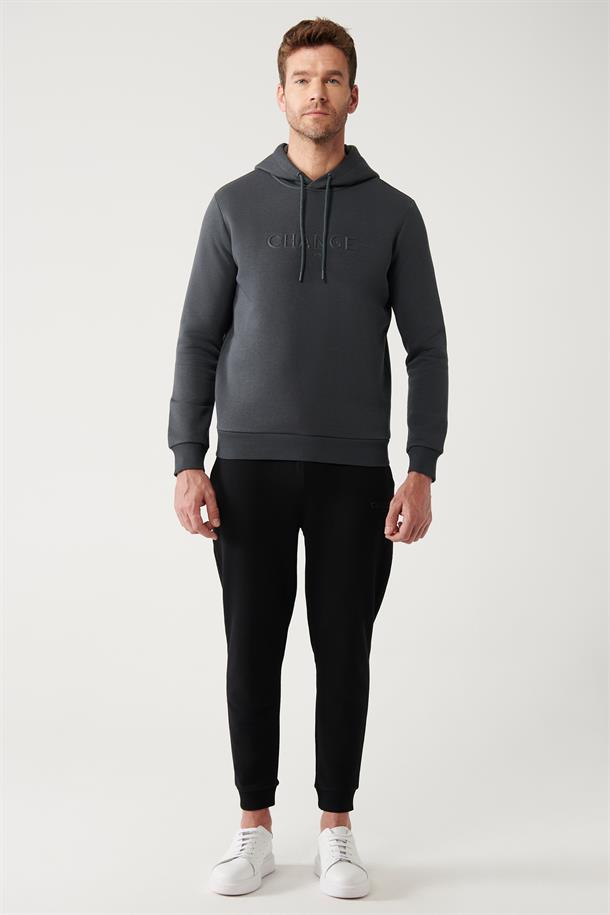 Antrasit Şardonlu Kumaş Kapüşonlu Yaka Piramit Baskılı Sweatshirt