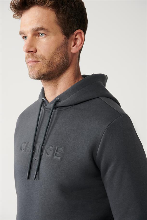 Antrasit Şardonlu Kumaş Kapüşonlu Yaka Piramit Baskılı Sweatshirt