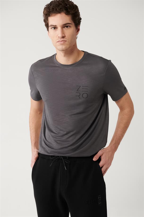 Antrasit Soft Touch Bisiklet Yaka Göğüsü Baskılı T-shirt