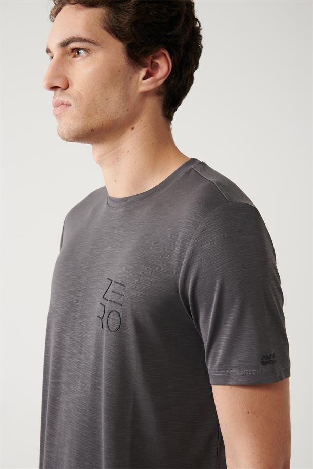 Antrasit Soft Touch Bisiklet Yaka Göğüsü Baskılı T-shirt
