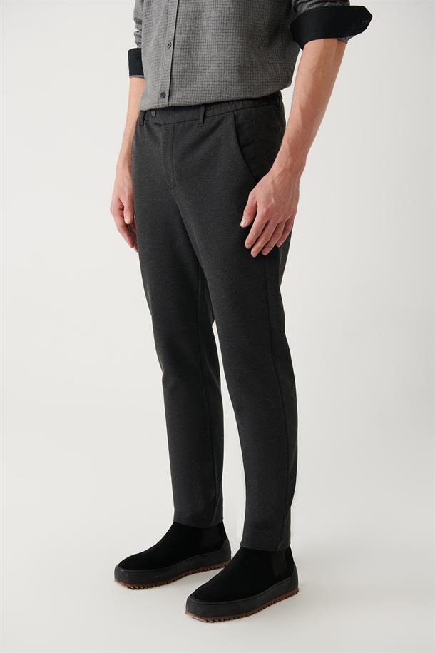 Antrasit Yanı Lastikli Fleto Cep Fermuar Detaylı Slim Fit Örme Chino Pantolon