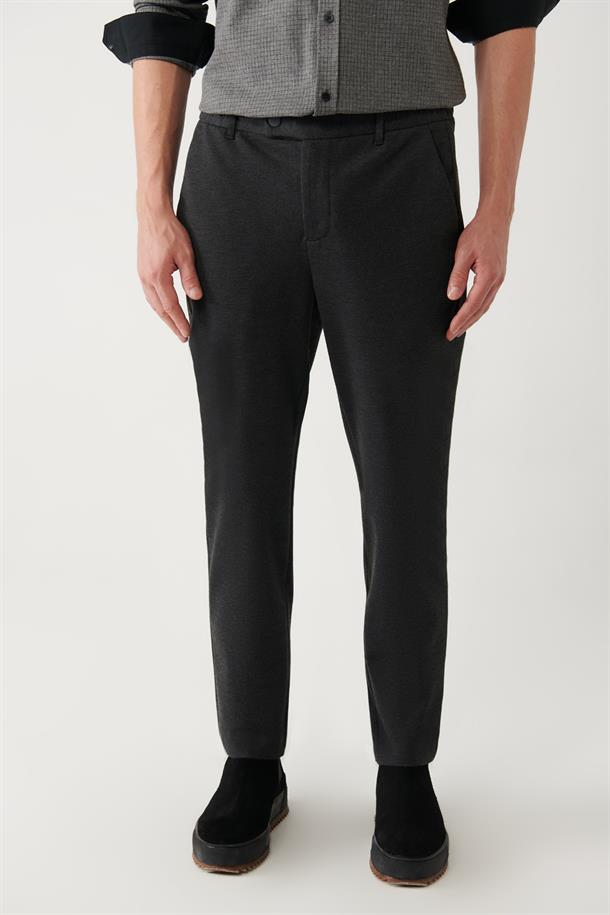 Antrasit Yanı Lastikli Fleto Cep Fermuar Detaylı Slim Fit Örme Chino Pantolon