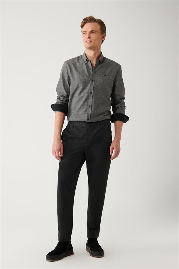 Antrasit Yanı Lastikli Fleto Cep Fermuar Detaylı Slim Fit Örme Chino Pantolon