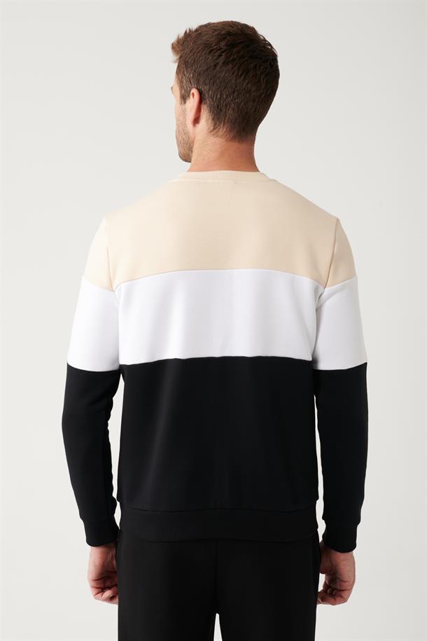 Bej-Beyaz-Siyah Bisiklet Yaka Parçalı Sweatshirt