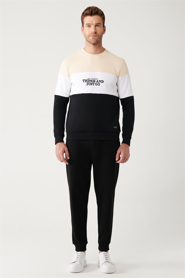 Bej-Beyaz-Siyah Bisiklet Yaka Parçalı Sweatshirt