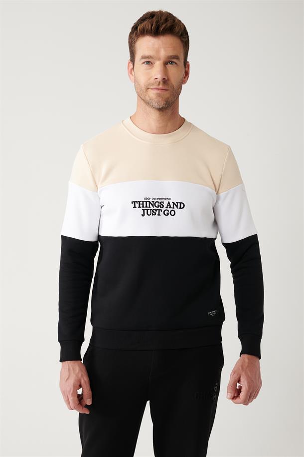 Bej-Beyaz-Siyah Bisiklet Yaka Parçalı Sweatshirt