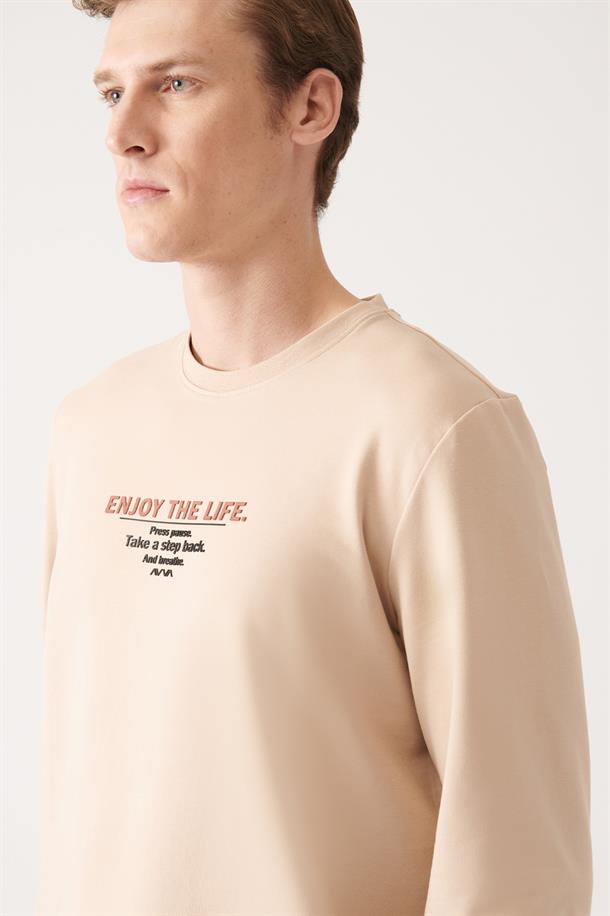 Bej Bisiklet Yaka Baskılı Slim Fit Sweatshirt