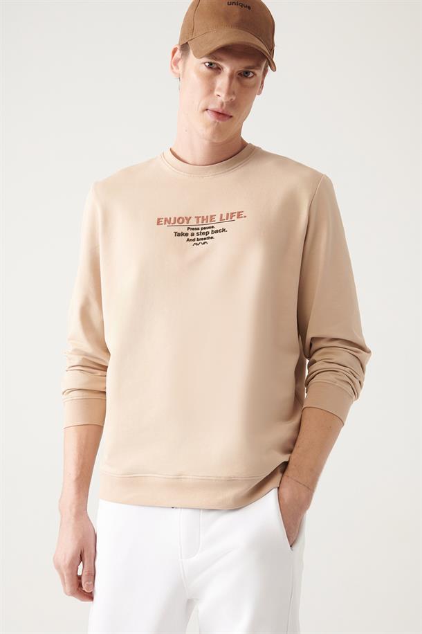 Bej Bisiklet Yaka Baskılı Slim Fit Sweatshirt